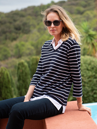 Tee-shirt rayé effet 2 en 1 - Daxon - Blanc/ marine