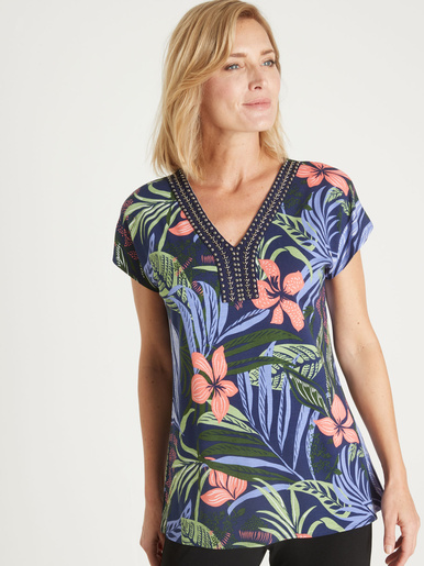 Tee-shirt perles fantaisie maille fluide - Daxon - Imprimé marine/rose