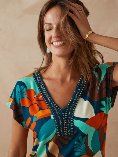 Tee-shirt perles fantaisie maille fluide