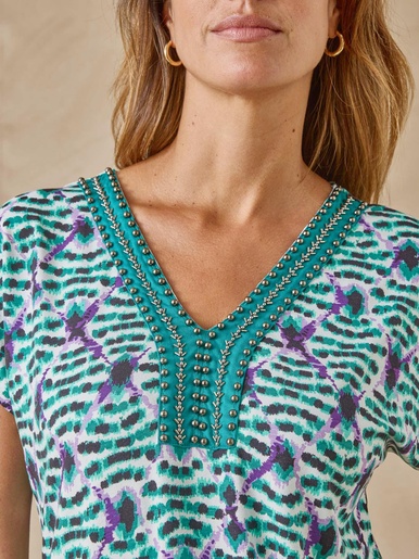 Tee-shirt perles fantaisie maille fluide