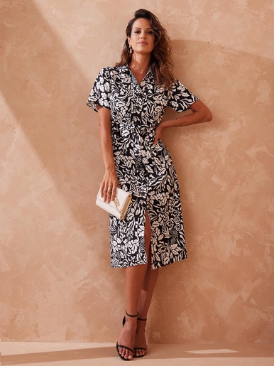 Robe chemisier toute boutonnée - Daxon - Imprimé noir/écru