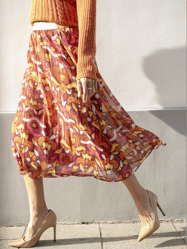 Jupe longue en voile - Daxon - Imprimé orange et rose