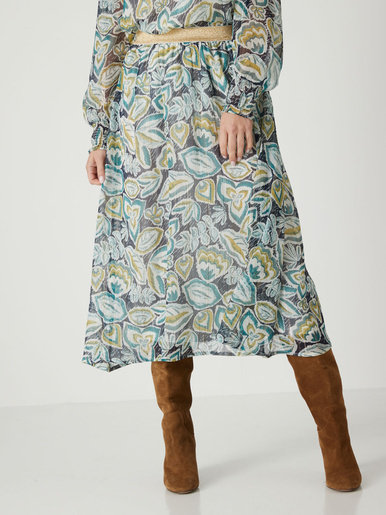 Jupe longue en voile - Daxon - Imprimé feuillage turquoise