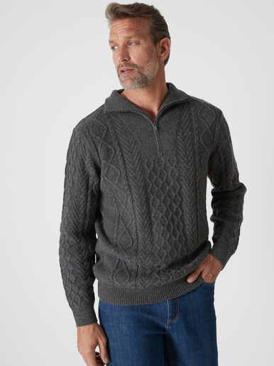 Pull col zippé style irlandais 30% laine - Daxon - Gris