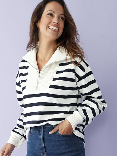 Sweat-shirt col camionneur - Daxon - Rayé marine et écru