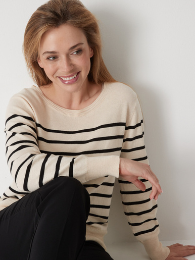 Pull col rond pure laine - Daxon - Ecru rayé noir
