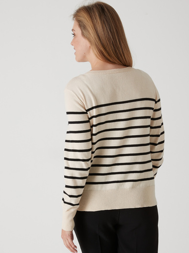 Pull col rond pure laine - Daxon - Ecru rayé noir