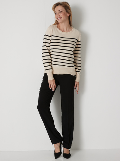 Pull col rond pure laine - Daxon - Ecru rayé noir