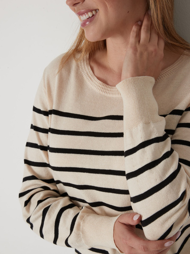 Pull col rond pure laine - Daxon - Ecru rayé noir