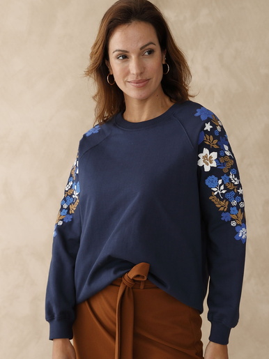 Sweat-shirt fantaisie manches brodées - Daxon - Marine