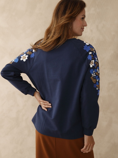 Sweat-shirt fantaisie manches brodées - Daxon - Marine