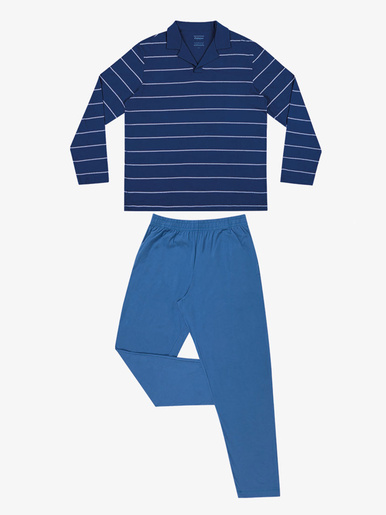 Pyjama long col T homme Coton Bio - Eminence - Bleu