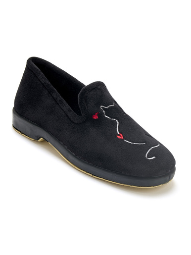 Mules motif chat intérieur molletonné - Pédiconfort - Noir