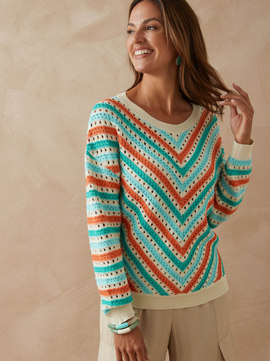 Pull rayé point fantaisie - Daxon - Raye fond ecru