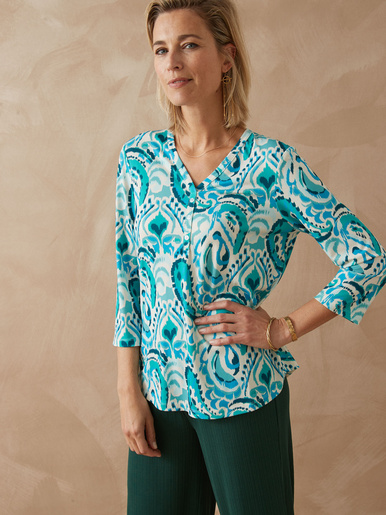 Tee-shirt manches 3/4 - Daxon - Imp. cachemire aqua