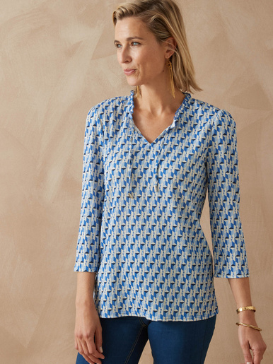 Tee-shirt maille gaufrée col volanté - Daxon - Imprimé bleu