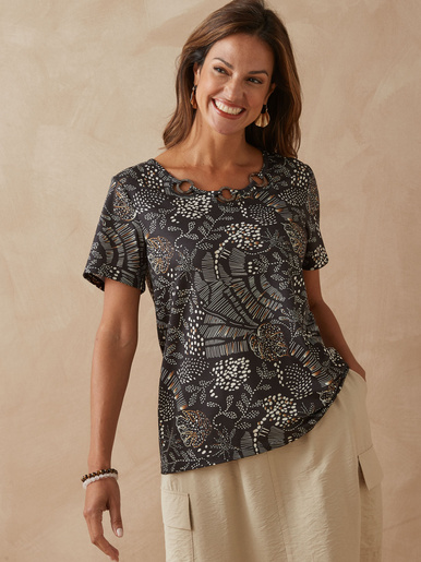 Tee-shirt encolure fantaisie - Daxon - Imprimé fond noir