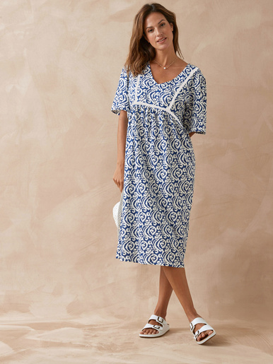 Robe évasée élastiquée taille - Daxon - Imprimé bleu