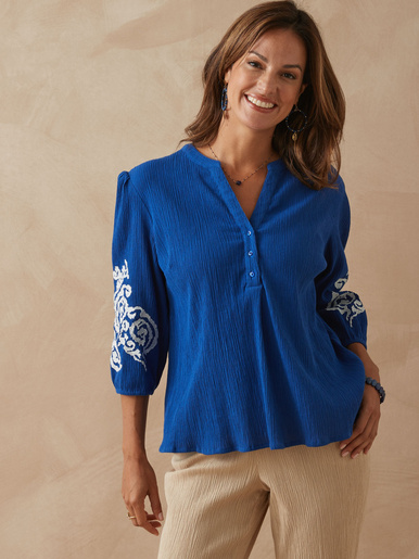 Blouse manches brodées - Daxon - Bleu brodé ecru