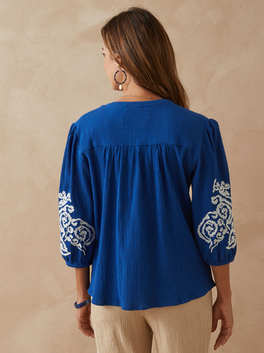 Blouse manches brodées - Daxon - Bleu brodé ecru