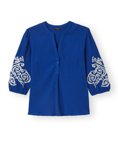 Blouse manches brodées - Daxon - Bleu brodé ecru
