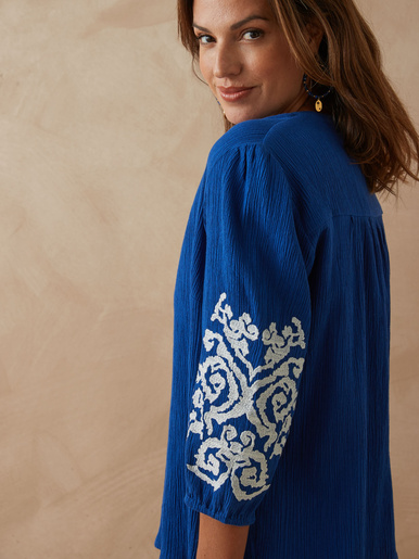 Blouse manches brodées - Daxon - Bleu brodé ecru