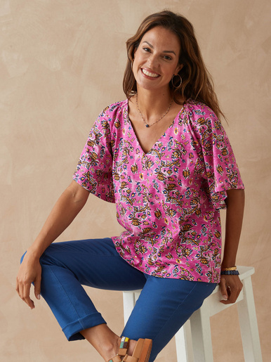 Tee-shirt encolure V avec smocks - Daxon - Imprimé framboise