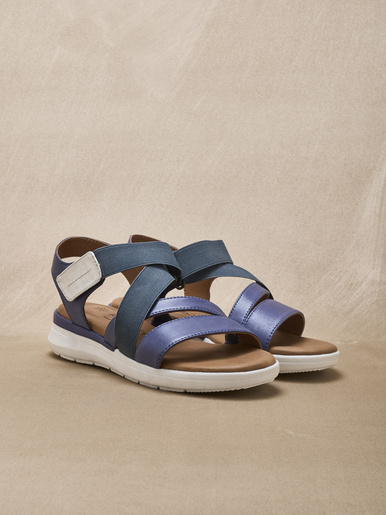 Sandales cuir à scratch et élastiques - Pédiconfort - Bleu
