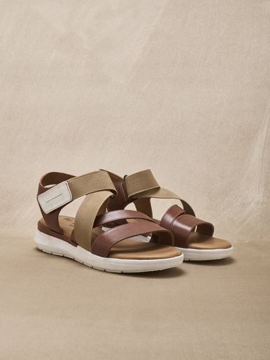 Sandales cuir à scratch et élastiques - Pédiconfort - Marron