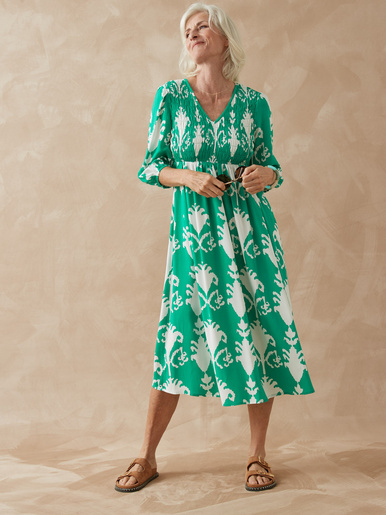 Robe longue à smocks - Daxon - Imprimé vert