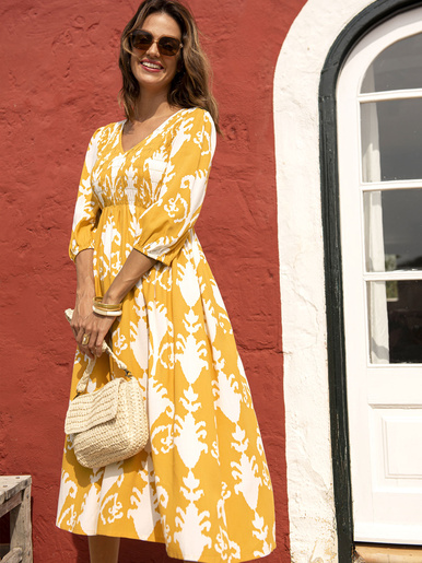 Robe longue à smocks - Daxon - Imprimé jaune