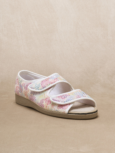 Sandales ouverture totale - Pédiconfort - Imprimé rose fond blanc