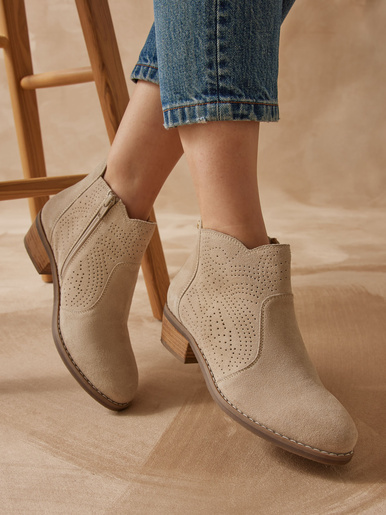 Boots mi-saison cuir velours perforé - Pédiconfort - Beige