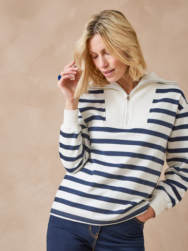 Sweat-shirt col camionneur zippé - Daxon - Ecru rayé marine