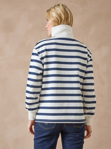 Sweat-shirt col camionneur zippé - Daxon - Ecru rayé marine