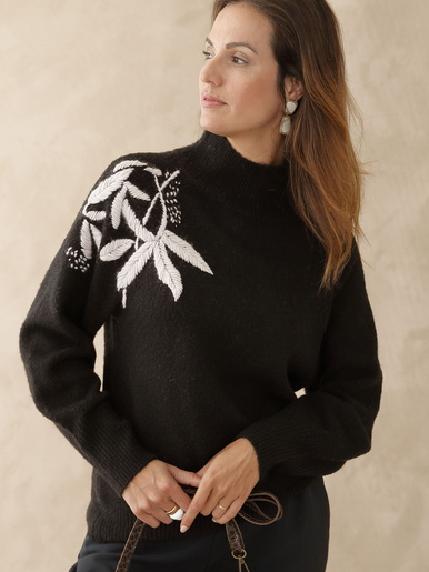 Pull brodé col montant - Daxon - Noir