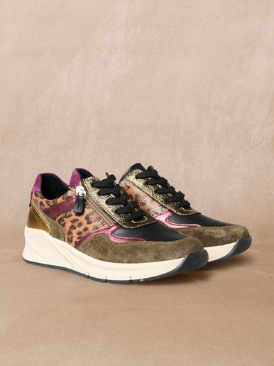 Baskets empiècements imprimé léopard - Pédiconfort - Multicolore noir