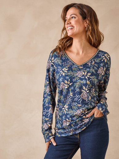 Tee-shirt encolure fantaisie - Daxon - Feuillage marine et rose