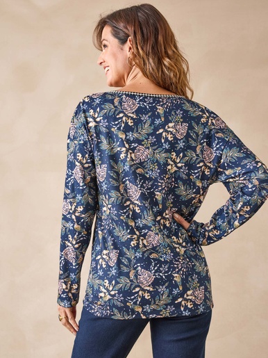 Tee-shirt encolure fantaisie - Daxon - Feuillage marine et rose