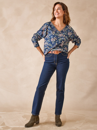 Tee-shirt encolure fantaisie - Daxon - Feuillage marine et rose