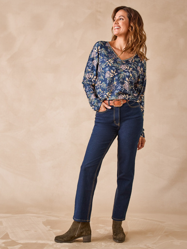 Tee-shirt encolure fantaisie - Daxon - Feuillage marine et rose