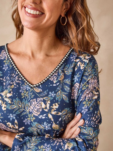 Tee-shirt encolure fantaisie - Daxon - Feuillage marine et rose