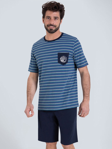Pyjama court Rayures Waves homme - Athéna - Bleu/marine