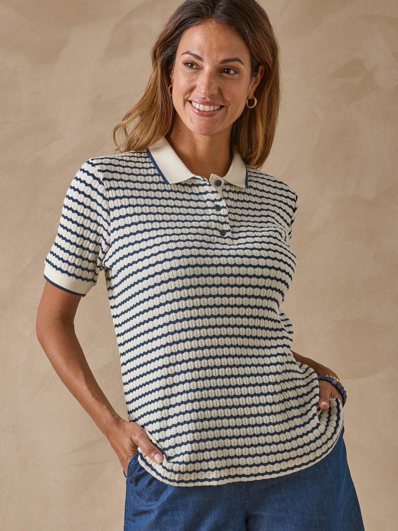 Polo en maille jacquard fantaisie - Daxon - Blanc rayé bleu