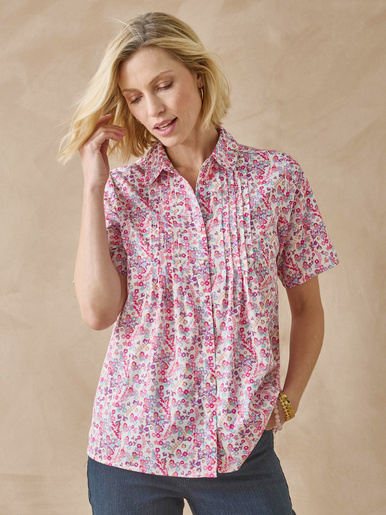 Chemisier effet plastron manches courtes - Daxon - Imprimé fleurette rose