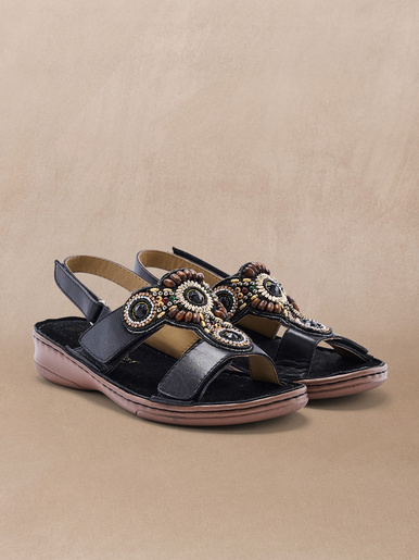 Sandales fantaisie extra larges en cuir - Pédiconfort - Noir