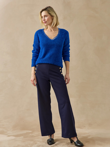 Pull col V dentelle avec laine et alpaga