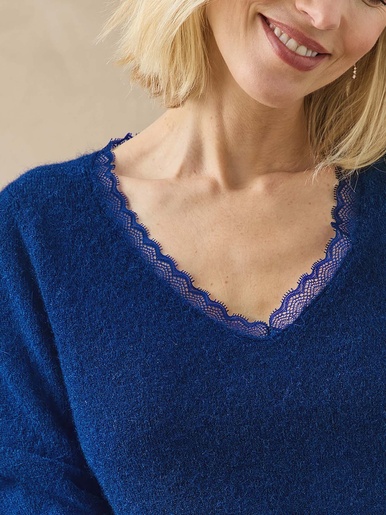 Pull col V dentelle avec laine et alpaga