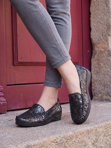 Mocassins larges cuir imprimé - Pédiconfort - Imprimé noir